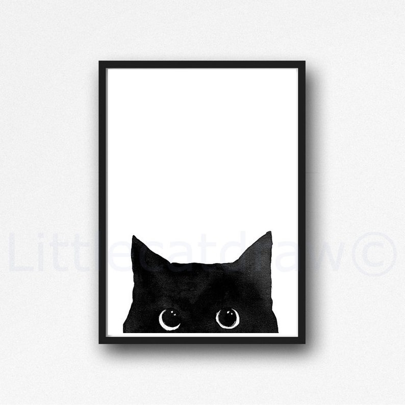 Cat Print Peeking Black Cat Painting Print Cat Art Wall Art Black Cat Decor Cat Lover Gift Art Print Unframed Poster Large Wall Art Gift image 1