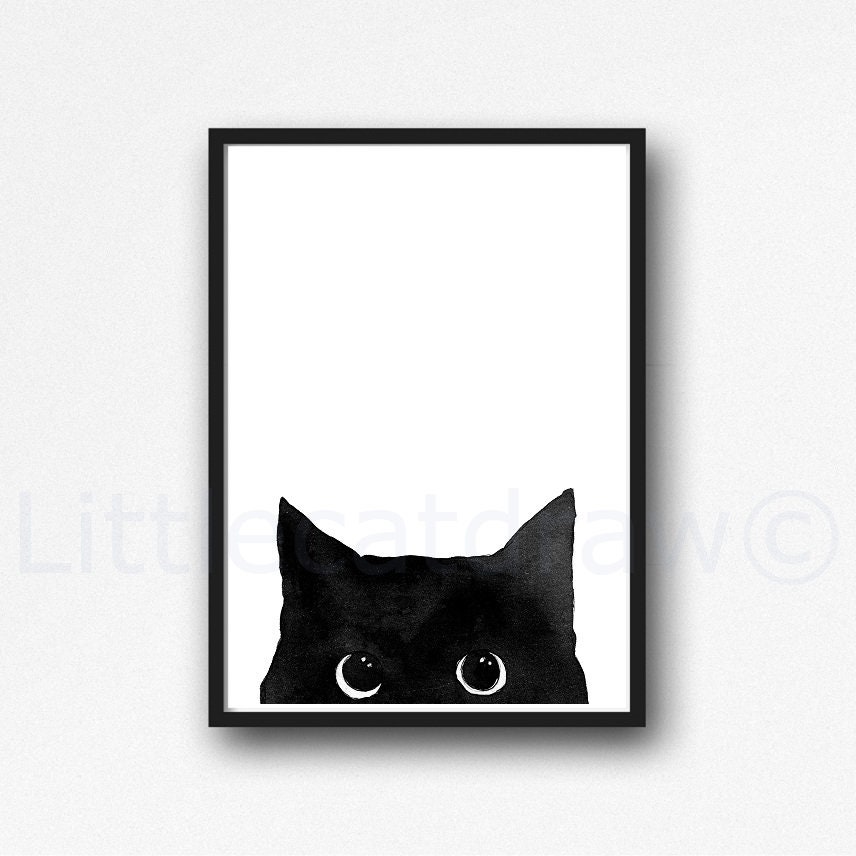 Cat Print Peeking Black Cat Watercolor Painting Print Cat Art | Etsy
