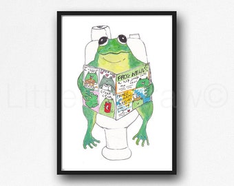 Frog Print Frog Reading The Newspaper Watercolor Painting Print Wall Art Bathroom Decor Toilet Wall Decor Art Print Frog Gift Unframed