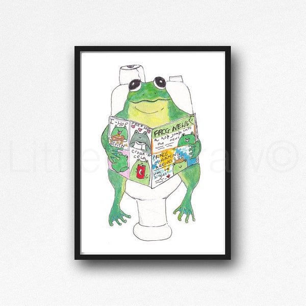 Kikker print kikker lezen van de krant aquarel schilderij print muur kunst badkamer decor toilet muur decor Art Print kikker cadeau ingelijst