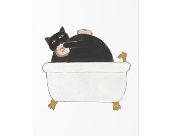Cat eating Donuts whilst having a bubble bath Art Print Watercolour Painting Cat Lover Gift Art Prints Foody Black Cat Unframed Poster
