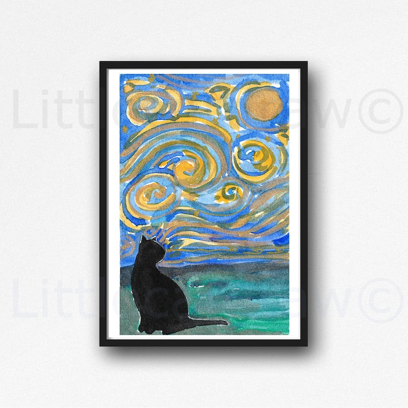 Black Cat Print Painting Print Cat Lover Gift Cat Decor Cat Art Decor Wall Art Home Decor Cat Lover Gift Unframed Select Your Print Starry Cat