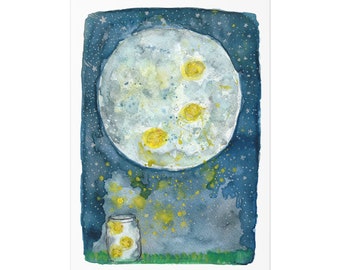 Firefly Watercolor Painting Print Moon at Night Fireflies in a Jar Firefly Wall Art Print Firefly Lightning Bug Fire Fly Home Wall Decor Art