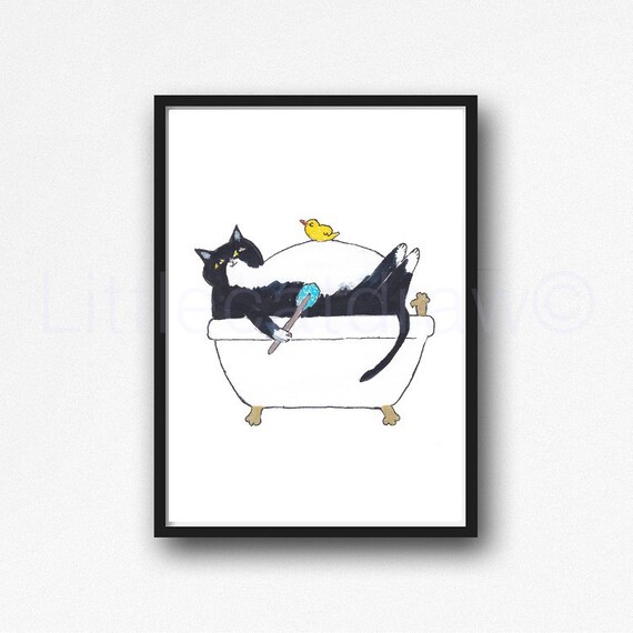 Cat Print Bath Time Tuxedo Cat Rubber Duck Watercolor Painting Etsy