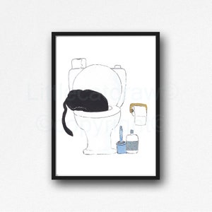 Cat Print Black Cat Drinking From The Toilet Watercolor Painting Print Wall Art Bathroom Decor Toilet Wall Decor Art Print Cat Gift Unframed