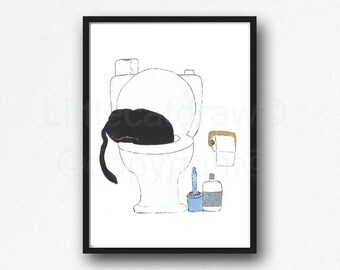 Cat Print Black Cat Drinking From The Toilet Watercolor Painting Print Wall Art Bathroom Decor Toilet Wall Decor Art Print Cat Gift Unframed