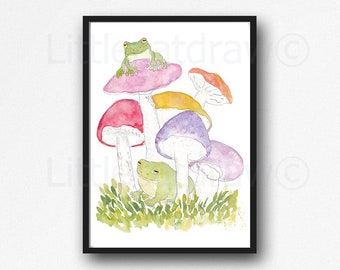 Frogs And Mushrooms Print Unframed Wall Art Gift Decor Poster