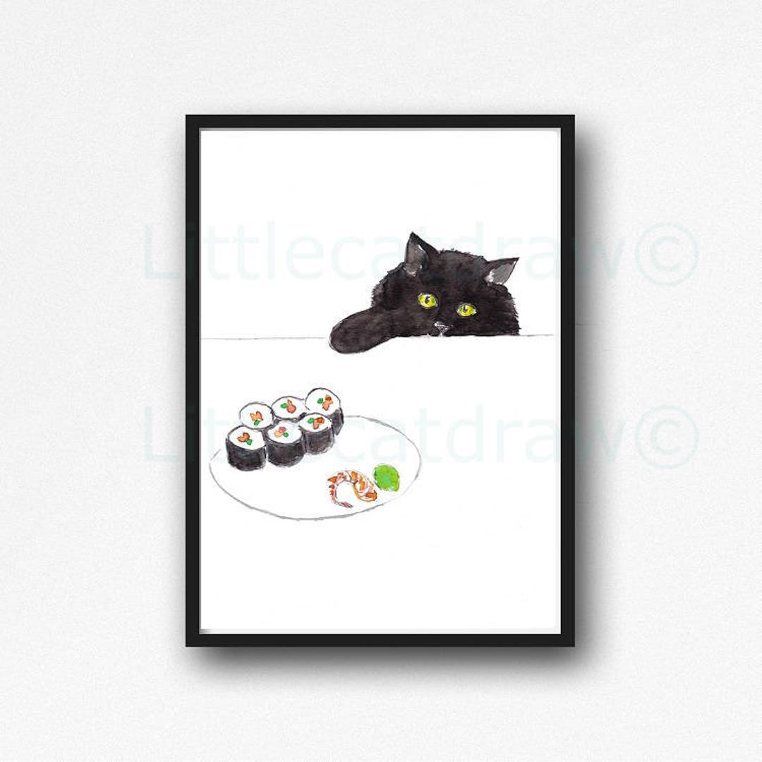 Black Cat Print Cat Sushi Lover Print Watercolor Painting Wall Art ...