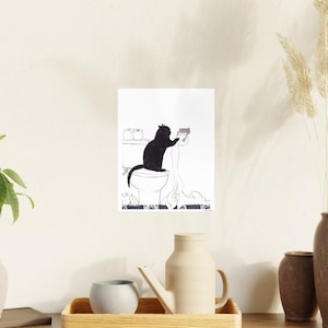 Black Cat Plays with Toilet Paper Art Print Watercolor Art Bathroom Wall Art Cat Wall Art Cat Lover Gift Unframed Poster image 2