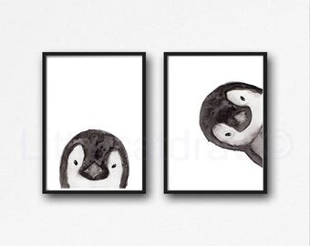 Penguin Print Set of 2 Prints Peekaboo Watercolor Painting Print Peekaboo Animals Wall Art Wall Decor Penguin Gift Art Prints Unframed