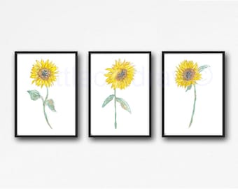 Sunflower Painting Print Set Of 3 Watercolor Print Floral Wall Decor Flower Sun Flower Home Decor 3 Art Prints Wall Art Unframed