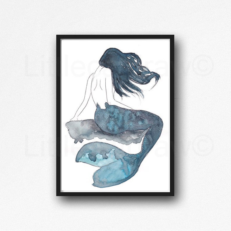 Blue Mermaid Watercolor Painting Print Mermaid Tail Decor Etsy