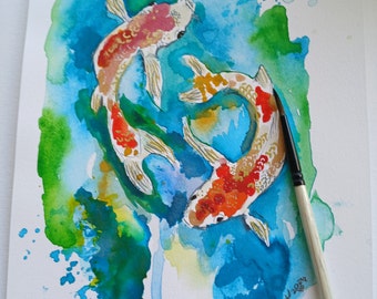 Peinture originale de carpes koï unique en son genre, peinture de poisson, peinture à l'aquarelle, pas une impression, art aquarelle, cadeau pour amateur de poissons, aquarelle de carpes koï