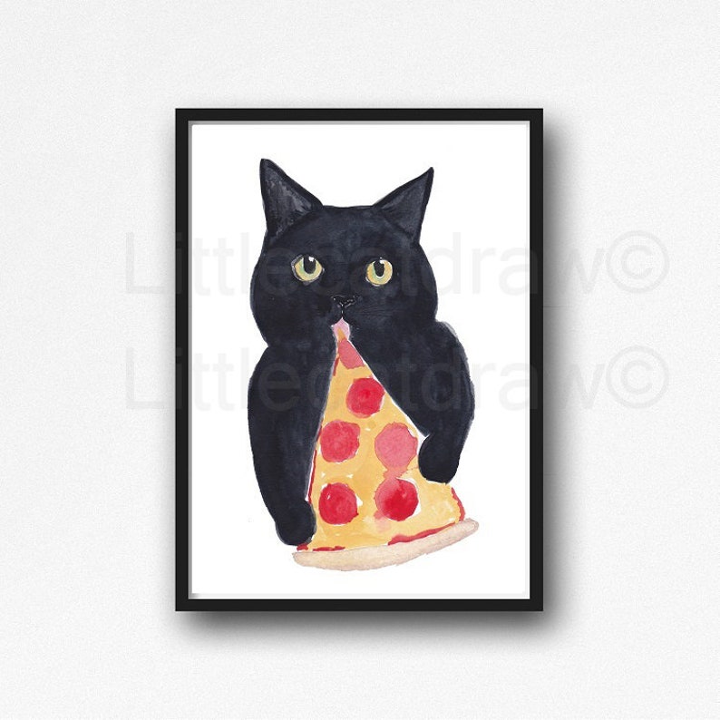 Cat Print Black Cat Eating Pizza Watercolor Painting Print Cat Lover Gift Cat Decor Bedroom Wall Decor Cat Painting Food Wall Art Unframed image 1