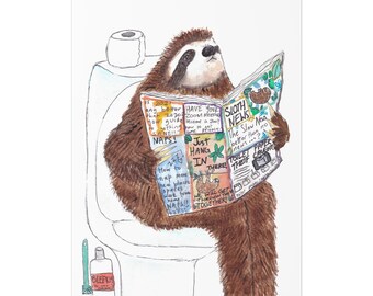 Sloth Reading the News on the Toilet Print, Sloth Art Print, Sloth on the Toilet, Bathroom Art, Sloth Lover Gift Sloths Animal Art Unframed