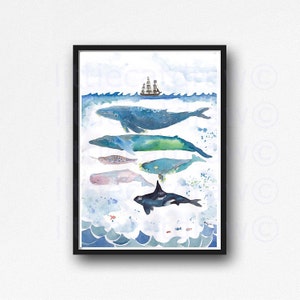 Whale Print Watercolor Whales Bathroom Wall Art Home Decor Unframed Poster Humpback Whale Under The Sea by Littlecatdraw