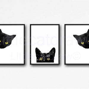 Black Cat Print Set Of 3 Watercolor Prints Peeking And Sneaky Black Cat Print Golden Yellow Eyes Home Decor 3 Art Prints Wall Art Unframed