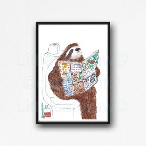 Sloth Reading the News on the Toilet Print, Sloth Art Print, Sloth on the Toilet, Bathroom Art, Sloth Lover Gift Unframed