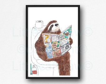 Sloth Reading the News on the Toilet Print, Sloth Art Print, Sloth on the Toilet, Bathroom Art, Sloth Lover Gift Unframed