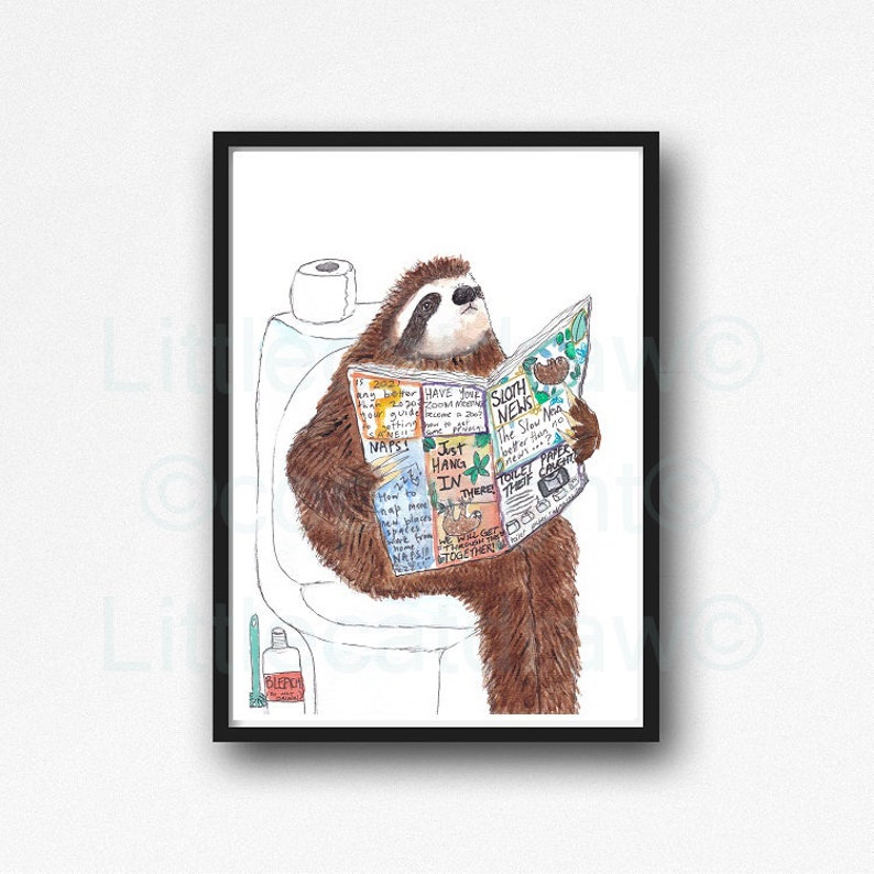 Sloth Reading the News on the Toilet Print, Sloth Art Print, Sloth on the Toilet, Bathroom Art, Sloth Lover Gift Unframed image 1