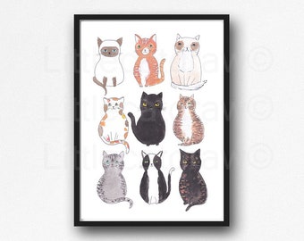 Katzendruck 9 glückliche Katzen Aquarellmalerei Druck Katzenliebhaber Geschenk Katze getigerte Katze schwarze Katze Siamkatze Dekor Wandkunst Katzendame Geschenk ungerahmt