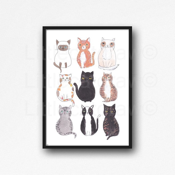 Cat Print 9 Happy Cats Watercolor Painting Print Cat Lover Gift