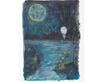 Firefly Print Painting Print Fireflies Night Moon River Owls Print Owl Wall Art Print Home Decor Wall Decor Unframed Poster Large Gift