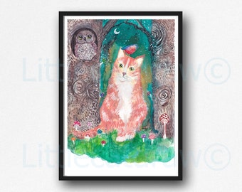 Orange Tabby Cat In The Forest With Owl Whimsical Wall Art Cute Cat Gift Orange Tabby Cat Unframed Poster Wall Art Decor Gift