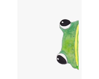 Green Frog Print II Green Tree Frog Peeking Watercolor Painting Print Peekaboo Frog Animals Wall Art Wall Decor Frog Gift