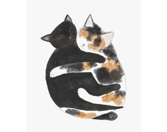 Calico and Black Cats Cuddling Watercolor Kitties Print Wall Art Cat Lover Gift