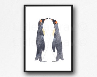 Penguin Print Kissing Penguins Art Print Watercolor Painting Penguin Print Romantic Kiss Wall Decor Nautical Decor Bedroom Wall Art