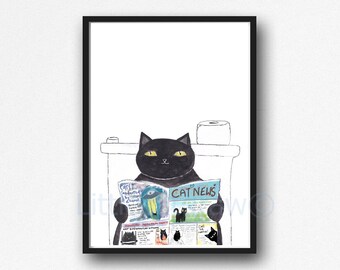 Cat Print Black Cat Reading The Newspaper II Painting Print Wall Art Bathroom Decor Toilet Wall Decor Art Print Cat Gift Unframed Poster