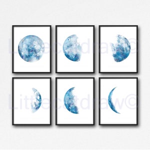 Moon Print Set Of 6 Phases Decor Bedroom Watercolor Painting Print Celestial Print Luna Phases Home Decor Art Prints Moon Gift Wall Unframed image 6