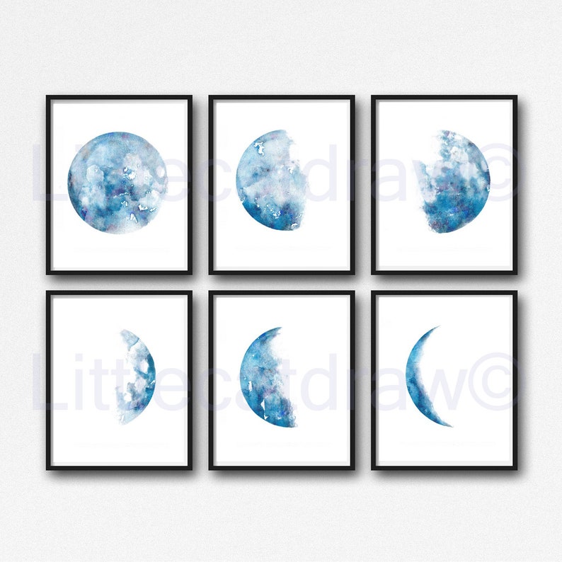 Moon Print Set Of 6 Phases Decor Bedroom Watercolor Painting Print Celestial Print Luna Phases Home Decor Art Prints Moon Gift Wall Unframed image 6