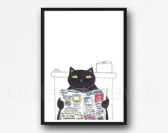 Cat Print Black Cat Reading The Newspaper Painting Print Wall Art Bathroom Decor Toilet Wall Decor Art Print Cat Gift Unframed Poster