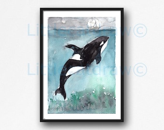 Killer Whale Orca Print Art Nautical Decor Wall Decor Beach Art Gift Unframed