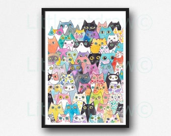 Lots Of Colorful Cats Print Unframed Poster Large Wall Art Gift Decor