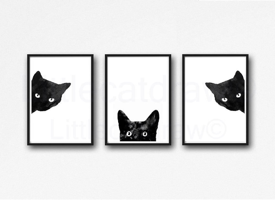 Black Cat Print Set of 3 Watercolor Prints Peeking and Sneaky Black Cat