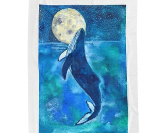 Humpback under the Full Moon Watercolor Velveteen Plush Blanket by Littlecatdraw