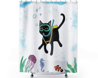 Black Cat Scuba Diving by Littlecatdraw Shower Curtain