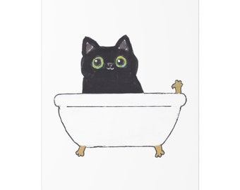 Big Eyed Black Cat having a Bubble bath Poster Art Print by Littlecatdraw Kitten Bathroom Art Print Cat Lover Gift