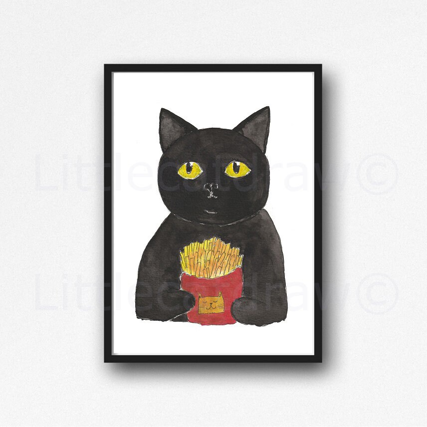 digital art print on cotton paper Black cat with skull and crystals limited edition print