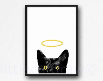 Peeking Black Cat Angel Portrait Pet Memorial for Black Cat Watercolor Painting Cat Print Black Cat with Halo Unframed