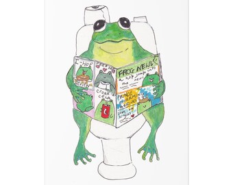 Frog Reading the News on the Toilet Print, Frog Art Print, Frog on the Toilet, Bathroom Art, Frog Gift Animal Art Unframed