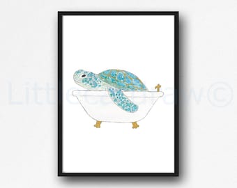 Sea Turtle Print Bath Time Sea Turtle Watercolor Painting Print Wall Art Bathroom Decor Bathtub Bath Tub Decor Art Print Sea Gift Unframed