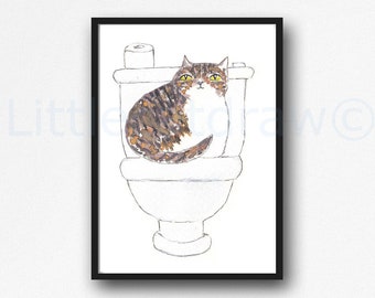 Cat Print Toilet Time Tabby Cat Watercolor Painting Print Wall Art Bathroom Décor Tabby Cat Toilet Loo Wall Decor Art Print Cat Lover Gift