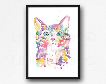 Rainbow Cat Portrait Watercolor Painting Print Cat Wall Art Home Decor Wall Decor Kitty Cat Print Cat Lover Gift Cat Painting Unframed