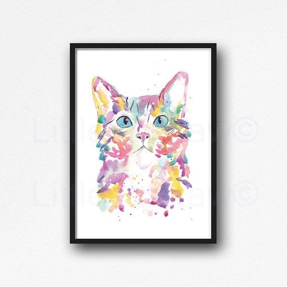 Arco iris gato retrato acuarela pintura impresión gato pared arte hogar decoración pared decoración decoración gatito gato impresión gato regalo gato pintura