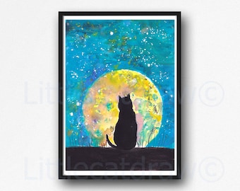 Black Cat watching the Moon Cat Print Black Cat  Watercolor Painting Print Kitty Cat Kitten Art Print Wall Décor Cat Lover Gift Pet