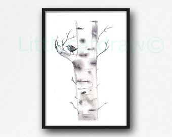 Little Bird On A Birch Tree Print Watercolor Painting Print Nature Art Print Gray Home Decor Tree Wall Art Bedroom Wall Decor Bird Print